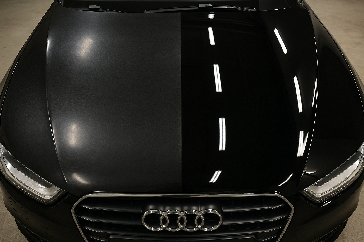 A dramatic 50/50 split shot on the hood of a black car. The left side is dull with faint swirl marks. The right side is incredibly glossy and deep black, reflecting the studio lights perfectly after a single-stage polish. The difference is stark.