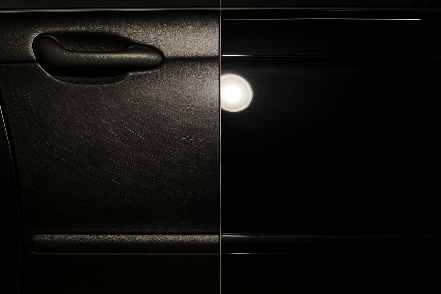 A powerful, ultra-realistic 50/50 split-screen photograph of a car's black door panel under a focused inspection light. The left side is visibly riddled with ugly swirl marks and light scratches, appearing dull. The right side is perfectly polished, displaying a deep, flawless, mirror-like gloss that perfectly reflects the light source. The dividing line is sharp and distinct, emphasizing the dramatic transformation.

