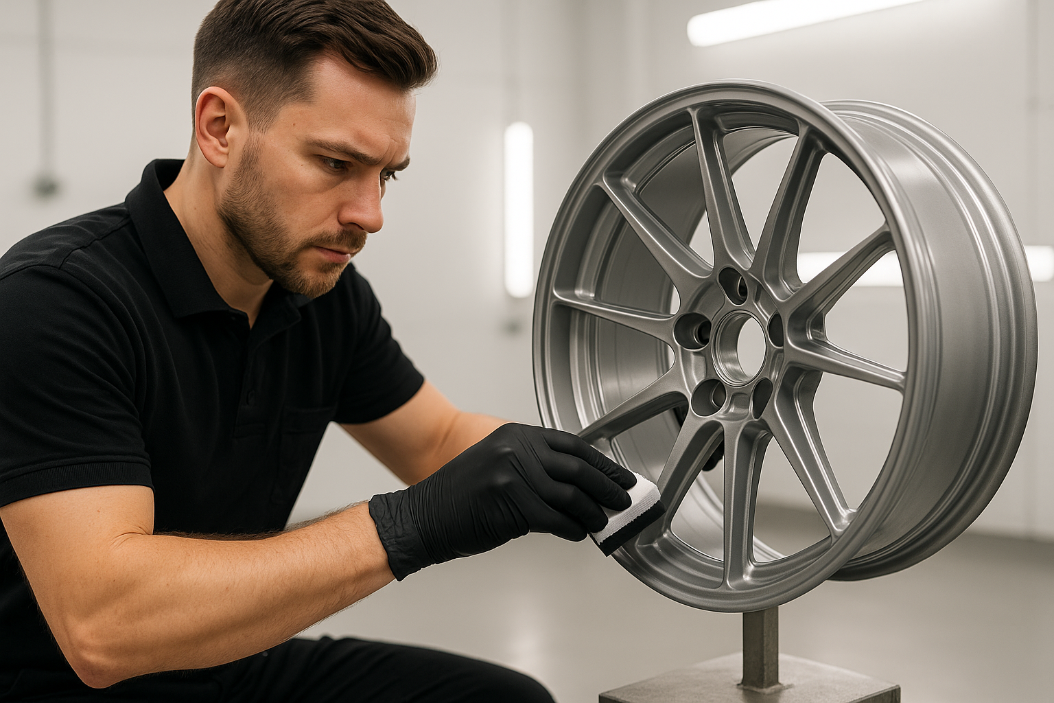 A professional photograph of a detailer in a clean black uniform and gloves, meticulously applying ceramic coating with a small applicator to the inner barrel of a high-end, silver forged wheel that is off the car and on a stand. The setting is a pristine, well-lit workshop, conveying a clinical and expert process.