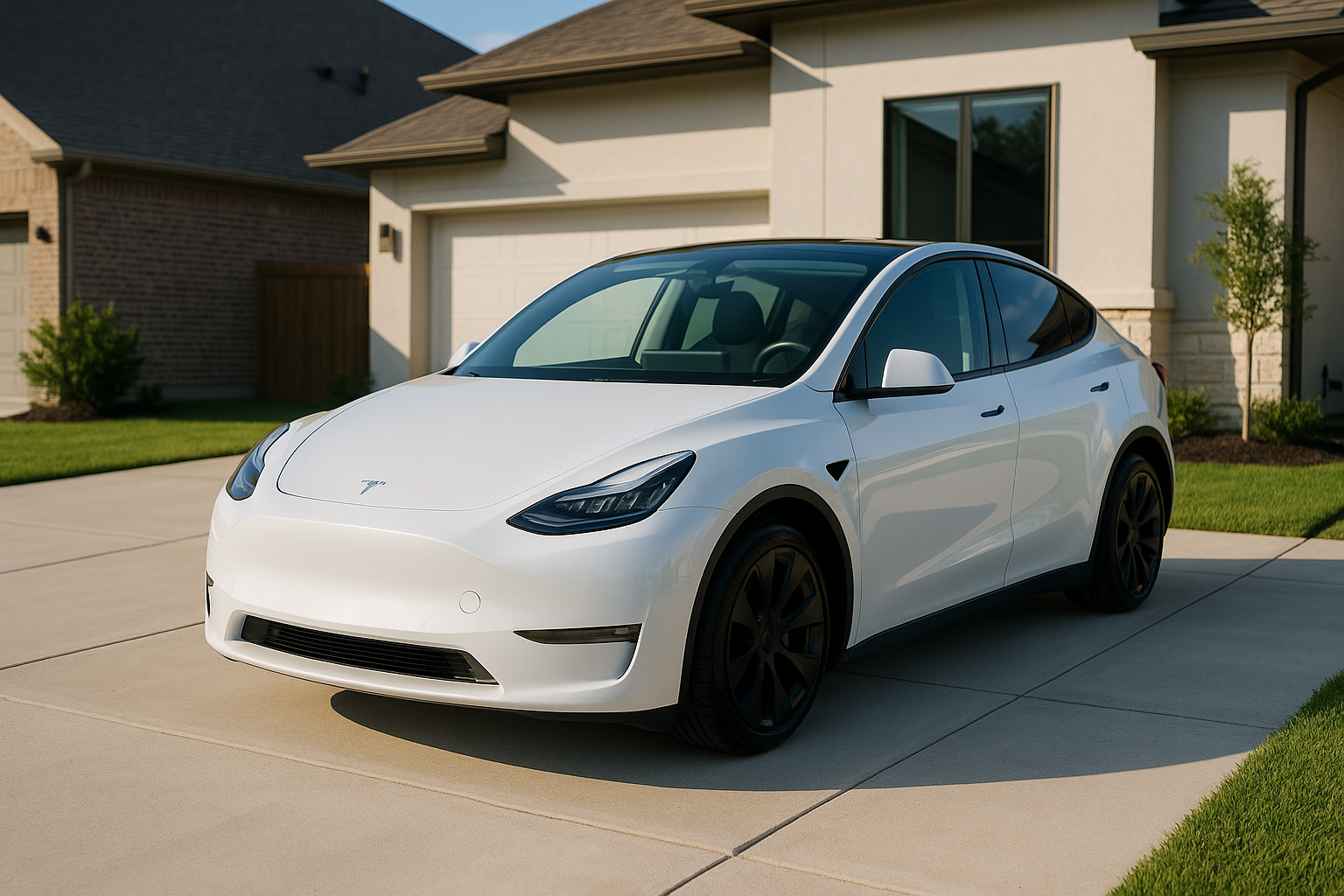 A professional, sun-drenched photograph of a pristine white Tesla Model Y right after a detail. The car is perfectly clean, with a subtle gloss on the paint and tires. The setting is a clean, modern driveway in a suburban Houston neighborhood.
