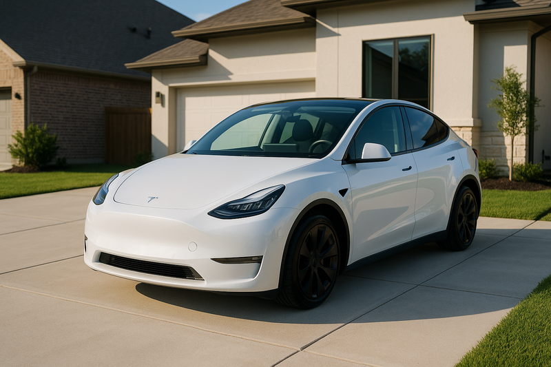 A professional, sun-drenched photograph of a pristine white Tesla Model Y right after a detail. The car is perfectly clean, with a subtle gloss on the paint and tires. The setting is a clean, modern driveway in a suburban Houston neighborhood.