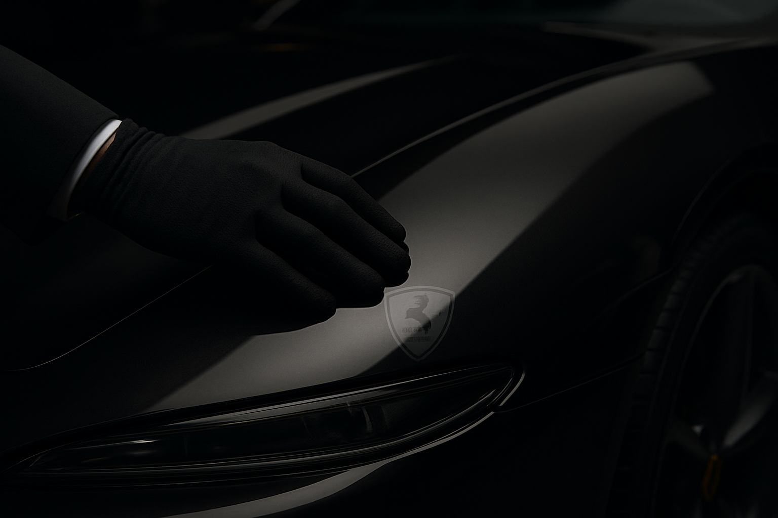 A professional, ultra-realistic, close-up photograph of a gloved hand gently inspecting the flawless, deep black paint of a luxury car (e.g., a Ferrari or Aston Martin). The hand is lightly touching the polished surface, which perfectly reflects a subtle, elegant shield icon. The lighting is soft yet dramatic, highlighting the impeccable finish and the sense of meticulous care and guaranteed quality. The mood is one of confidence and assured perfection.