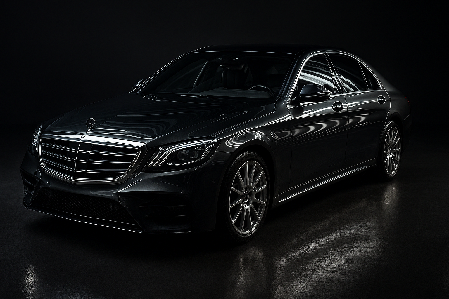 A stunning, ultra-realistic, professional photograph of a dark metallic grey luxury sedan (e.g., Mercedes-Benz S-Class) under dramatic studio lighting. A perfect, liquid-like, mirror gloss reflects crisp, subtle light patterns. The car's surface is so smooth and deep it looks wet. The overall impression is one of unparalleled shine and advanced protection.
