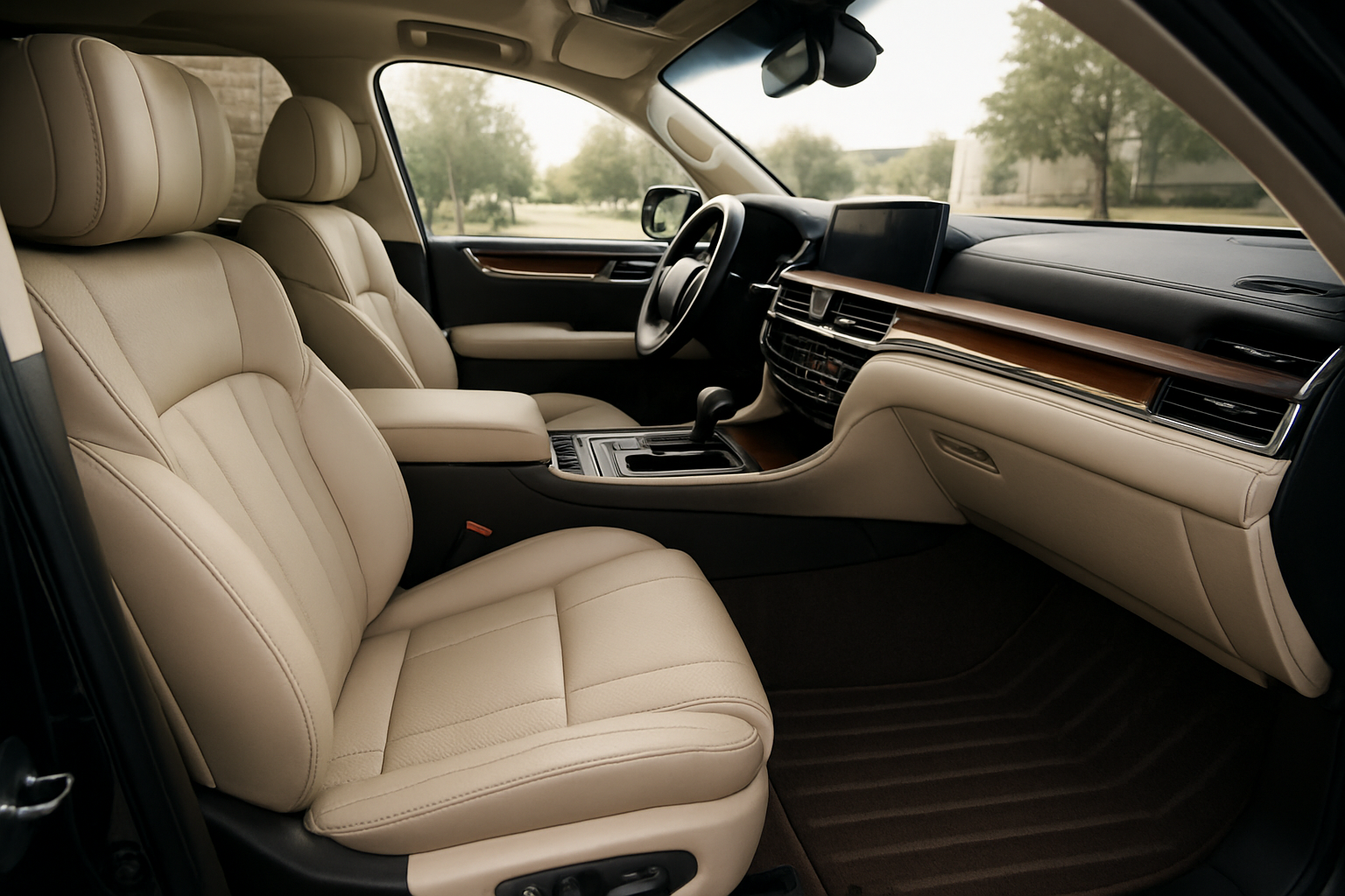 A wide-angle, aspirational, professional photograph of the pristine interior of a modern luxury SUV (e.g., Lexus LX or Bentley Bentayga). The shot is taken from the open passenger door, looking across the immaculately clean, conditioned leather seats and dashboard. The surfaces are dust-free, the trim gleaming, and the carpets freshly vacuumed with perfect lines. The lighting is soft and luxurious, conveying a sense of ultimate cleanliness and comfort.