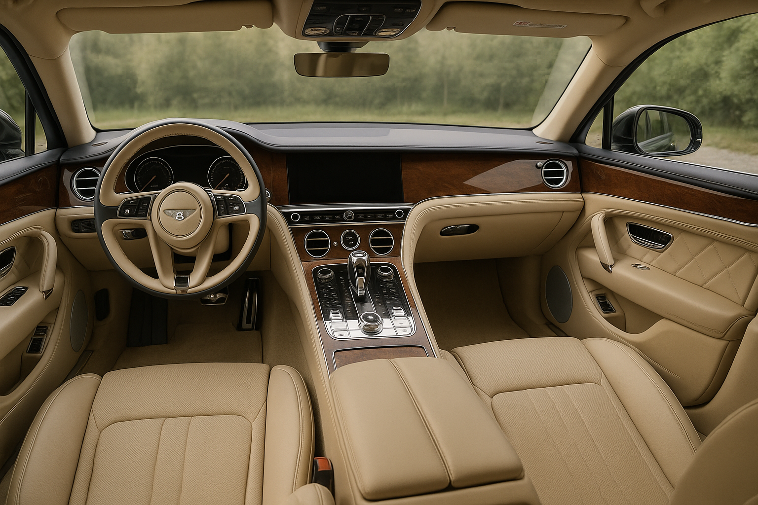 A wide, aspirational shot of the pristine, fully detailed interior of a luxury vehicle like a Bentley or high-end Range Rover. The leather is conditioned, carpets are perfect, and every surface is immaculate. The lighting is soft and inviting.