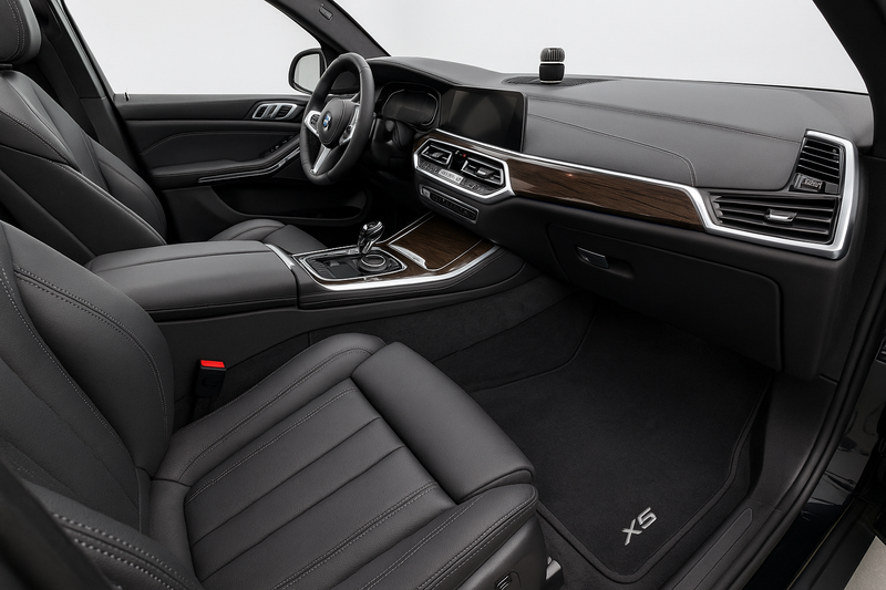 A wide interior shot of a luxury SUV (e.g., BMW X5) after a Signature Detail. The focus is on the impeccably vacuumed carpets and floor mats, with a clean and fresh appearance. A subtle, high-quality air freshener or scent dispenser is visible, adding to the sense of freshness.