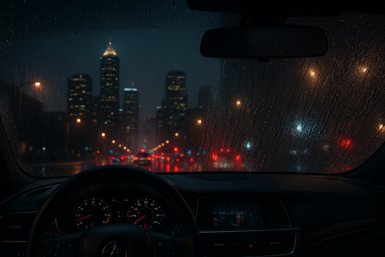 An ultra-realistic, dramatic photograph taken from inside a luxury car, looking out through the windshield during a heavy rainstorm at night in a city like Houston. The driver's side of the windshield is perfectly clear, with water instantly sheeting off, revealing clear city lights. The passenger side is untreated, covered in a blurry sheet of water, obscuring the view. This 50/50 split effect powerfully demonstrates the product's effectiveness.

