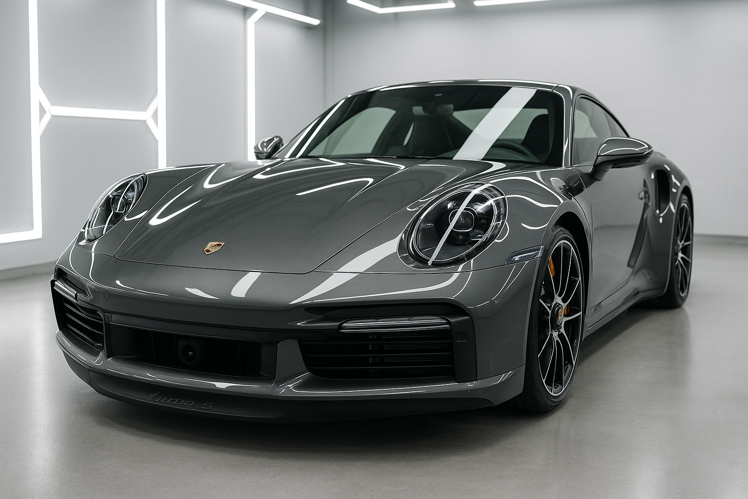 An ultra-realistic, professional photograph of a brand new, metallic grey Porsche 911 Turbo S. The car is angled to catch the light in a modern, bright detailing studio. The image highlights the flawless, glossy front end of the car, where the paint protection film is completely invisible, emphasizing its optical clarity and perfect finish.

