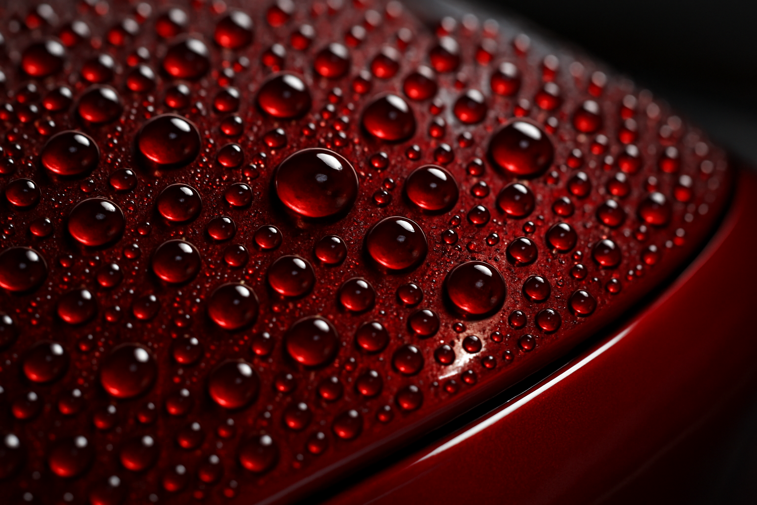 Macro photograph, extreme close-up of perfect, jewel-like water beads on the surface of a deep red, ceramic-coated car panel. The focus is razor-sharp on the water beads, showcasing the hydrophobic effect. The lighting creates a strong reflection in the paint, emphasizing its incredible gloss and depth.