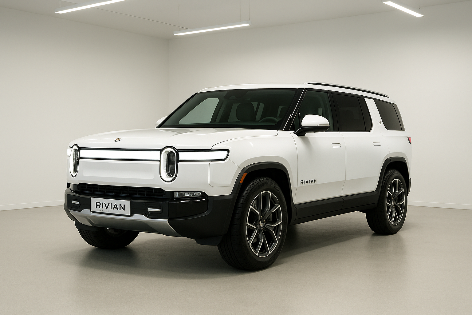 Ultra-realistic, professional photograph of a brand new, gleaming white Rivian R1S inside a bright, minimalist showroom. The vehicle is angled perfectly under studio lights to showcase its flawless, glossy paint. The mood is clean, modern, aspirational, and celebratory of a new purchase.

