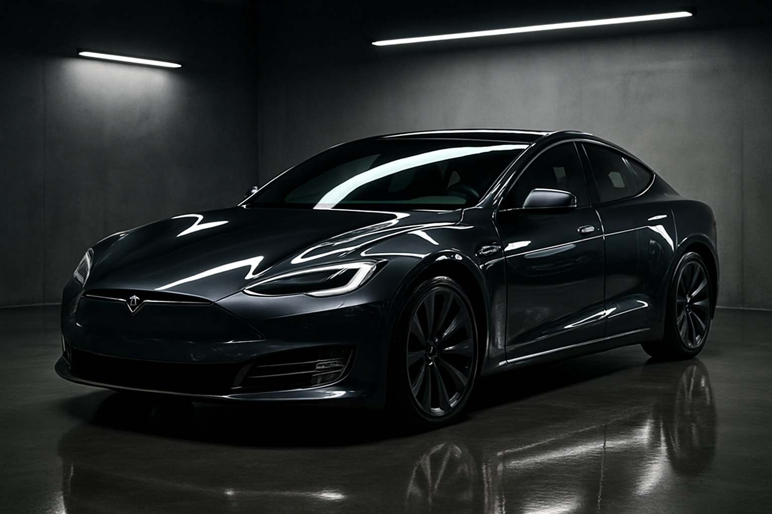 Ultra-realistic, professional photograph of a dark grey Tesla Model S with a flawless ceramic coating. The car is parked in a minimalist, luxury garage with dramatic, high-contrast studio lighting. The paint has a liquid-like, mirror finish, capturing sharp, clear reflections. The overall mood is aspirational, expert, and meticulous.