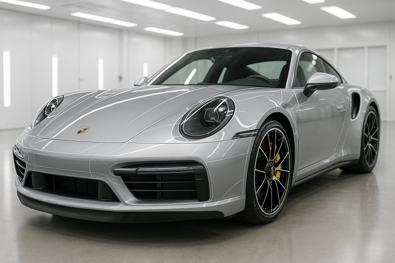 Ultra-realistic, professional photograph of a gleaming silver Porsche 911 Turbo S inside a pristine, bright detailing studio. The shot is a three-quarter angle, highlighting the flawless front end of the car. Subtle, elegant graphic lines are overlaid on the image, tracing the edges of the full front paint protection film coverage on the bumper, hood, and fenders, visualizing the invisible protection.


