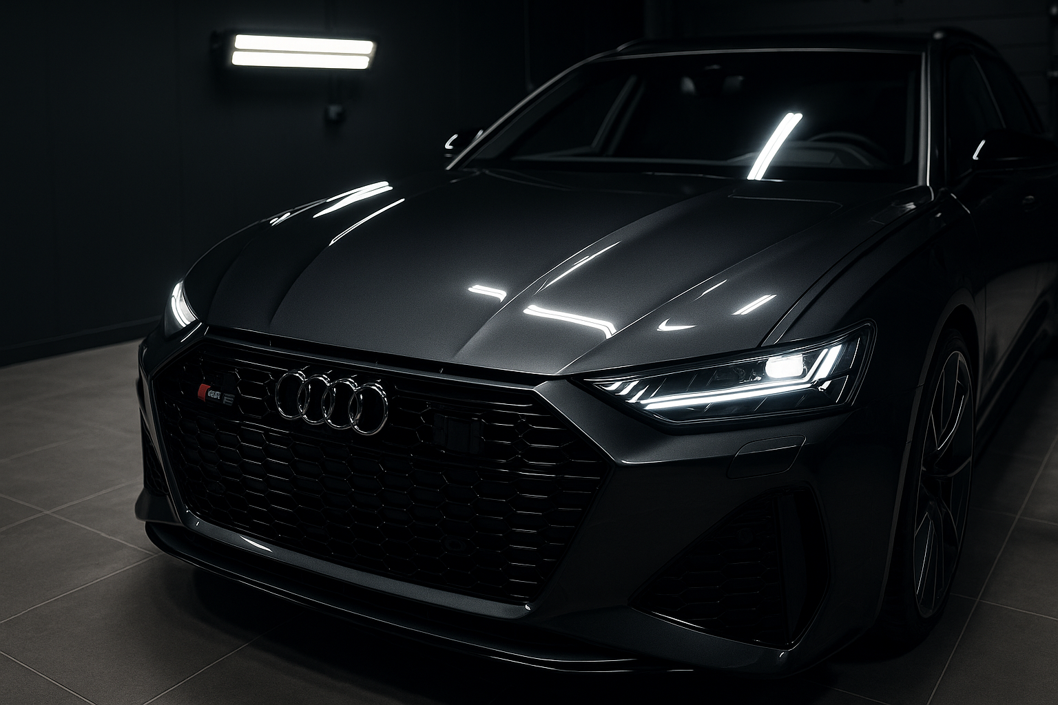 Ultra-realistic, professional photograph of a pristine, dark grey Audi RS6 in a modern detailing studio. The shot is a close-up of the hood under a bright inspection light, revealing a flawless, mirror-like finish completely free of swirls. The lighting is dramatic and high-contrast, emphasizing the deep gloss and sharp reflections in the paint.


