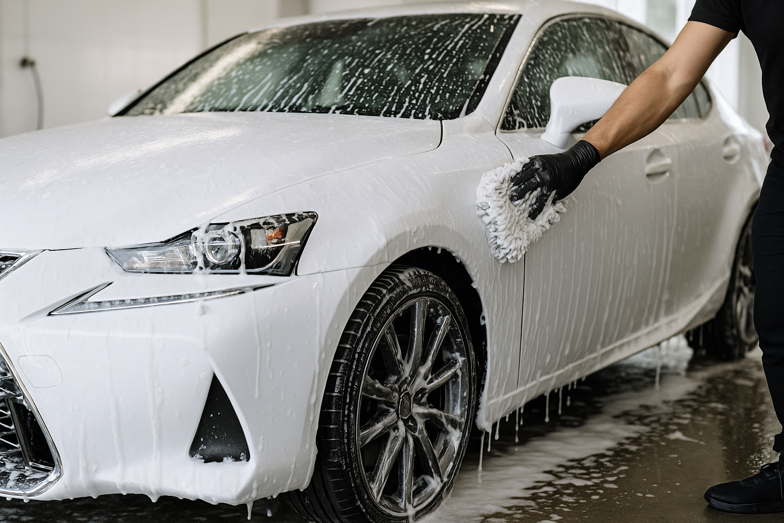 Ultra-realistic, professional photograph of a pristine white luxury sedan (like a Lexus IS) being meticulously hand-washed. The shot captures thick, rich foam sliding down the side of the car, highlighting the gentle and thorough cleaning process. The lighting is bright and clean, emphasizing a premium service.

