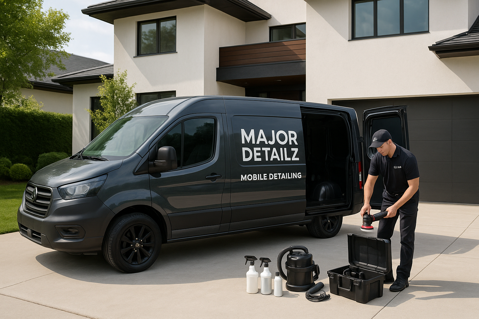 Ultra-realistic, professional photograph of a sleek, dark grey Major Detailz branded service van parked respectfully in the driveway of a modern luxury home. A uniformed technician is professionally organizing clean, high-end equipment. The scene is bright, clean, and conveys absolute trust and reliability.