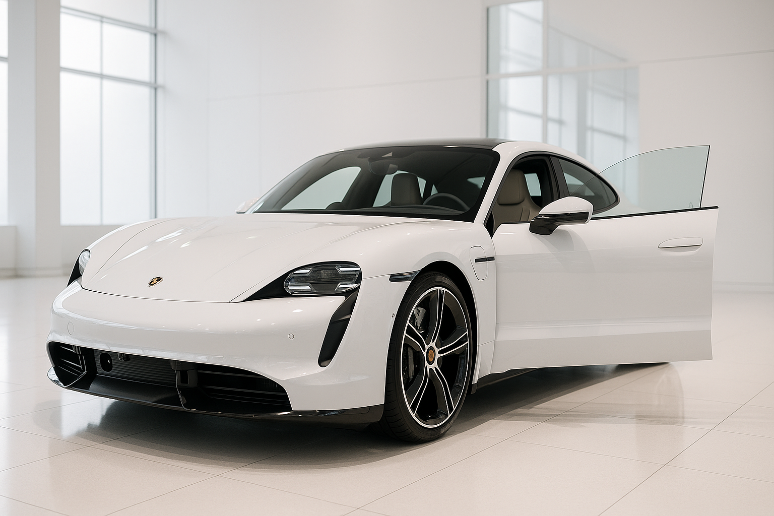 Ultra-realistic, professional photograph of a stunning white Porsche Taycan, perfectly detailed inside and out. The vehicle is angled in a bright, modern showroom. One door is open, revealing a flawless, clean interior, while the exterior paint has a brilliant, mirror-like gloss. The image conveys total vehicle perfection and luxury.

